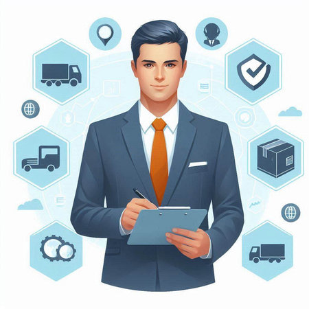 Businessman with clipboard and delivery icons on background. Vector illustration.のイラスト素材