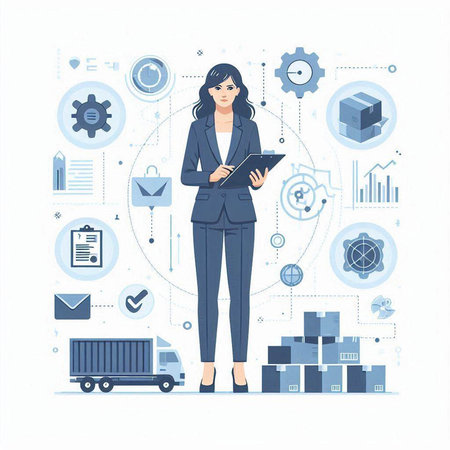 Vector illustration of a businesswoman with a clipboard and a container.のイラスト素材