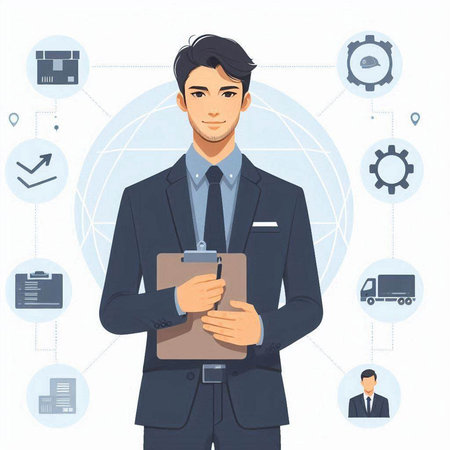 Businessman in a business suit with a folder in his hands. Flat style vector illustration.のイラスト素材
