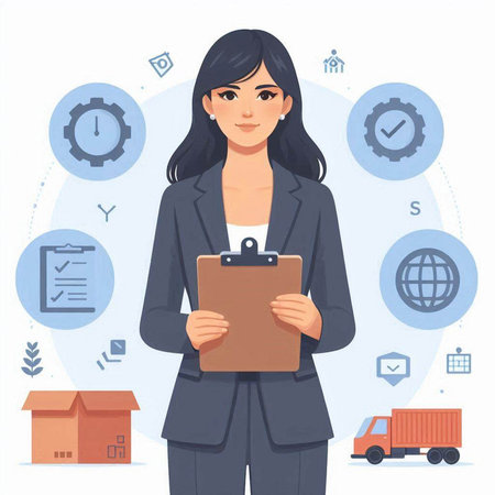 Businesswoman holding clipboard and checklist. Vector illustration in flat style.のイラスト素材