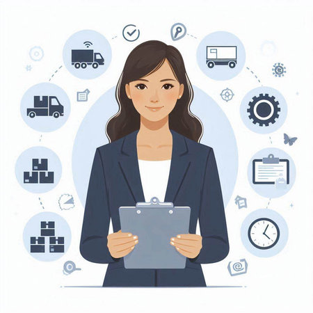 Businesswoman with clipboard and icons in the background. Vector illustration.のイラスト素材