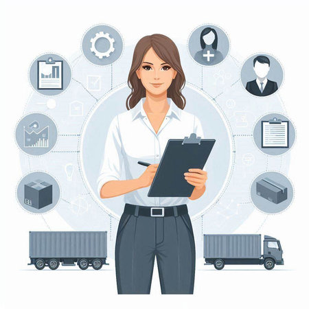 Businesswoman with clipboard and cargo truck on background. Vector illustration.のイラスト素材