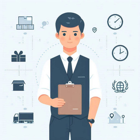 Vector illustration of a businessman with a clipboard in his hands and icons on the backgroundのイラスト素材