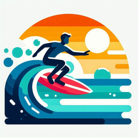 surfer with a ball on the background of the sea, vector illustrationのイラスト素材