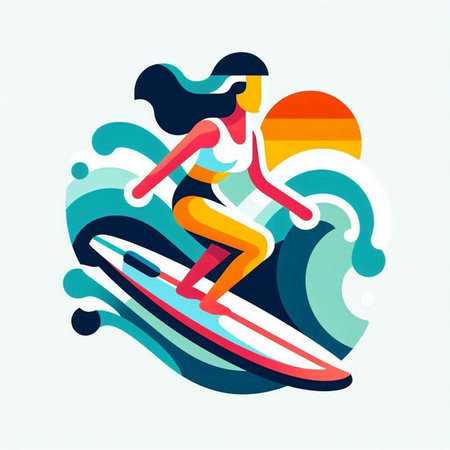 Surfer girl on a surfboard. Vector illustration in flat styleのイラスト素材