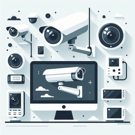 CCTV security camera on computer screen. Vector illustration in flat styleのイラスト素材