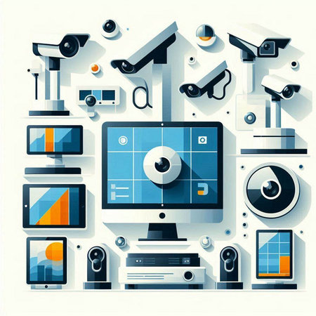 Vector illustration of a flat design of security camera and surveillance system.のイラスト素材