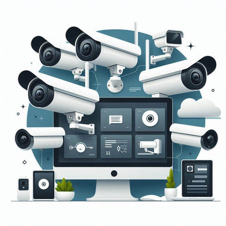 CCTV security camera and computer monitor on white background. Vector illustrationのイラスト素材