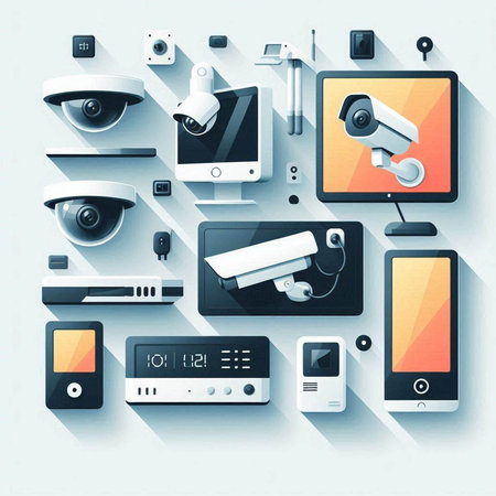 Vector illustration of a set of modern security cameras and electronic devices.のイラスト素材