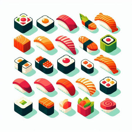 Sushi isometric icons set with japanese food isolated vector illustrationのイラスト素材