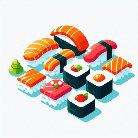 Sushi isometric vector illustration. Sushi rolls with salmon and tuna.のイラスト素材