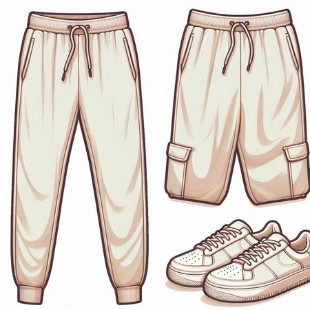 Set of men's pants and sneakers on a white background. Vector illustrationのイラスト素材