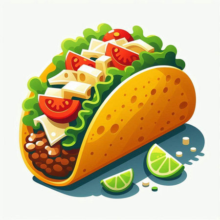 Taco with cheese, tomato, lettuce and cucumber. Vector illustration.のイラスト素材