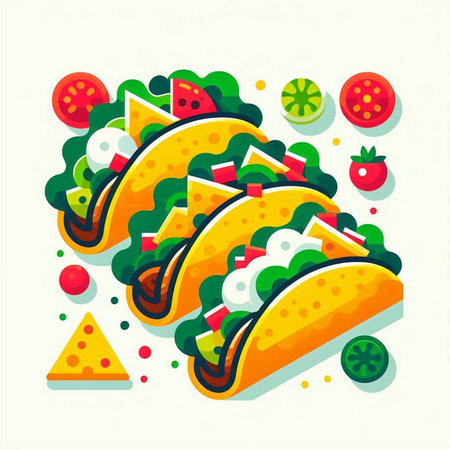 Mexican tacos vector illustration, flat design. Taco with meat, vegetables and cheese.のイラスト素材