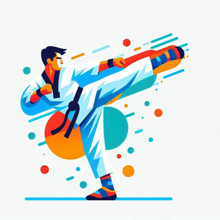 Taekwondo fighter in action. Vector illustration in flat style.のイラスト素材