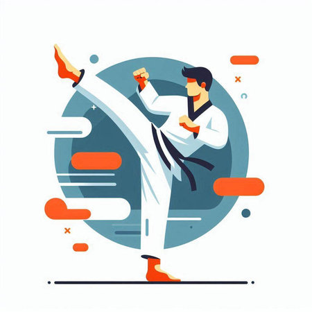 Martial arts concept in flat style. Karate man in kimono practicing martial arts. Vector illustration.のイラスト素材