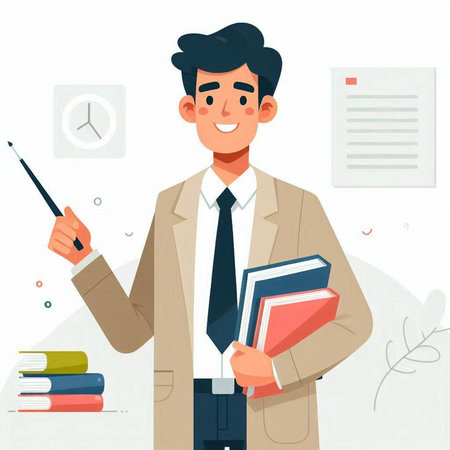 Vector illustration of a teacher with a pointer and books in his handsのイラスト素材