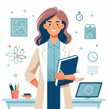 Vector illustration of a young female doctor in white coat standing in front of the table with a folder and a laptopのイラスト素材
