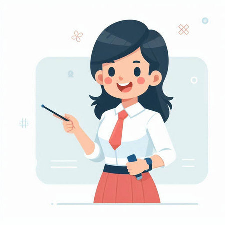 Young business woman holding a mobile phone. Vector illustration in cartoon style.のイラスト素材