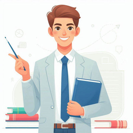 Male teacher holding a pointer and a notebook. Vector illustration in cartoon style.のイラスト素材