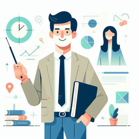 Businessman with a pointer in his hand. Vector illustration in flat styleのイラスト素材