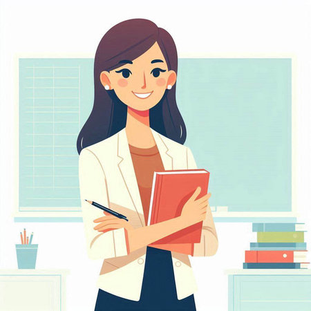Young business woman standing in office with folder. Vector illustration in cartoon style.のイラスト素材
