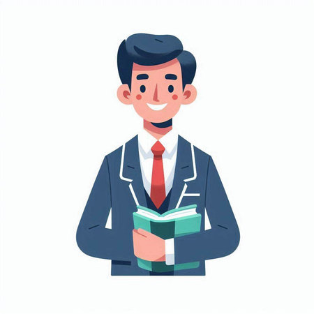 Young man in a business suit reading a book. Vector illustration in a flat styleのイラスト素材