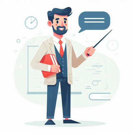 Businessman with documents and pointer. Vector illustration in cartoon style.のイラスト素材