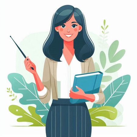 Vector illustration of a teacher with a pointer and a notebook in her handsのイラスト素材