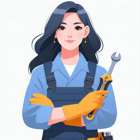 Young woman mechanic in uniform holding wrench and screwdriver. Vector illustration.のイラスト素材