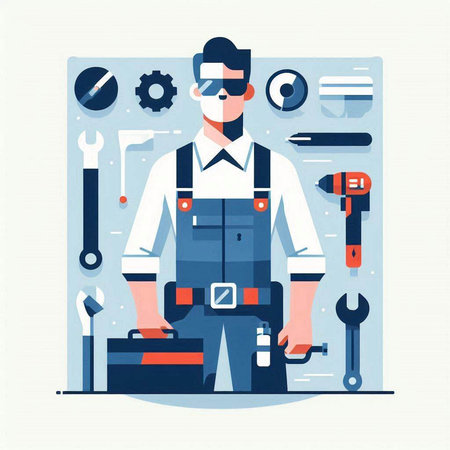 Repairman in uniform with tools. Vector illustration in flat styleのイラスト素材