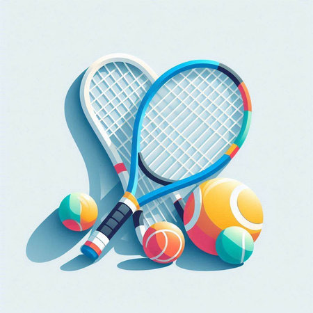Tennis racket and balls on light blue background. Vector illustration.のイラスト素材