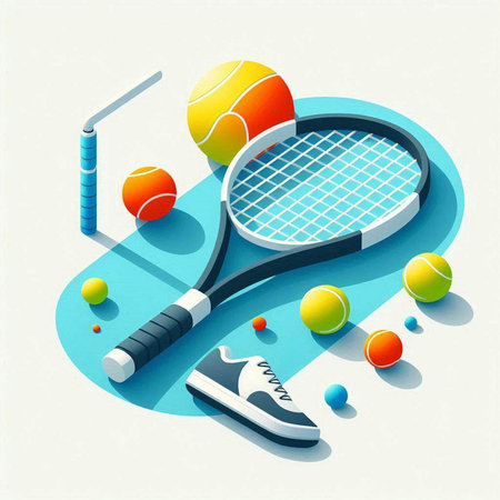 Tennis court with racket and balls. Vector illustration in isometric style.のイラスト素材