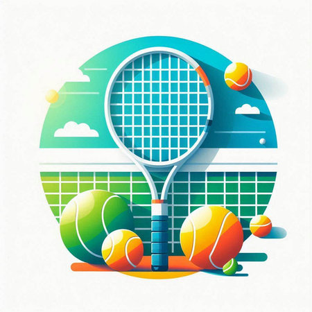 Tennis racket and balls on the tennis court. Vector illustration.のイラスト素材