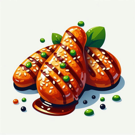 Strawberry dessert with sesame seeds and chocolate sauce. Vector illustration.のイラスト素材