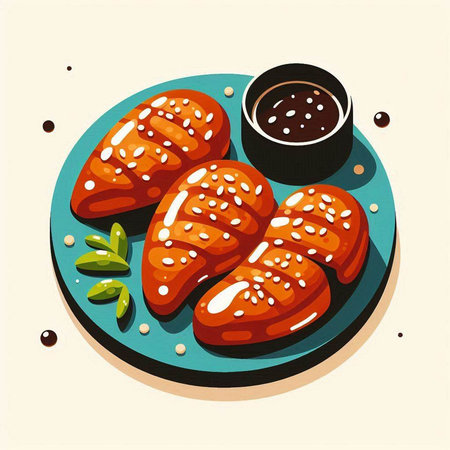 Illustration of grilled chicken fillet on plate with soy sauce.のイラスト素材