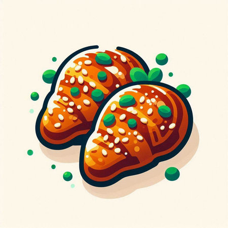 Illustration of fresh croissant with sesame seeds and green peasのイラスト素材