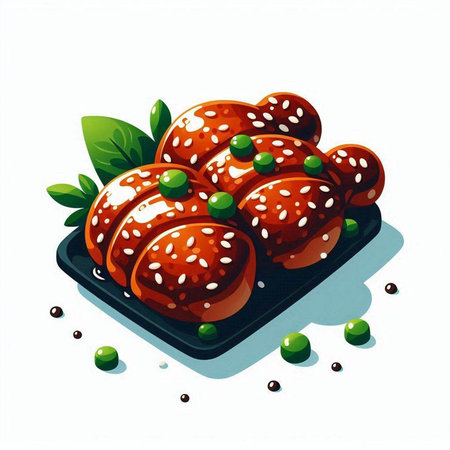 Illustration of a plate of sesame balls with green peas on a white backgroundのイラスト素材