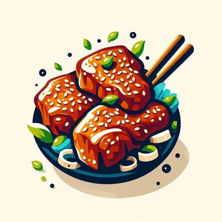 Illustration of grilled meat with chopsticks and soy sauce on plateのイラスト素材