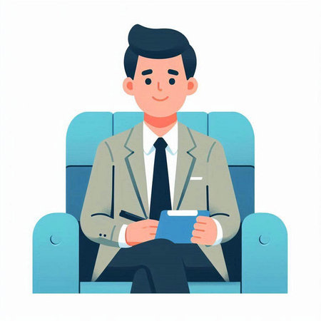 Businessman sitting on sofa and reading a book. Vector illustration.のイラスト素材
