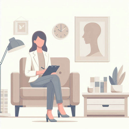 Vector illustration of a businesswoman sitting in armchair and writing on clipboardのイラスト素材