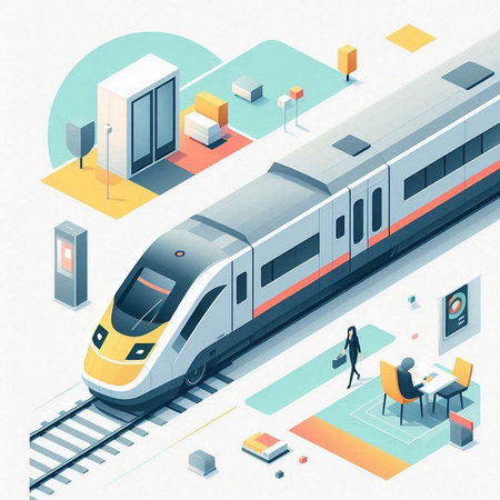 Isometric high-speed train with passenger on the platform. Vector illustration.のイラスト素材