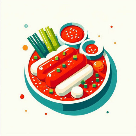 Illustration of hot dog with vegetables and sauce in a bowl.のイラスト素材