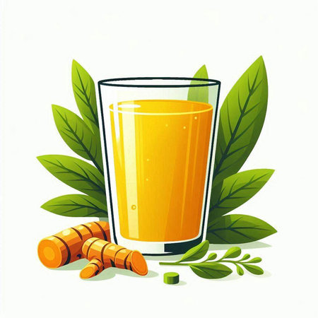 Fresh orange and turmeric with leaves on white background. Vector illustration.のイラスト素材