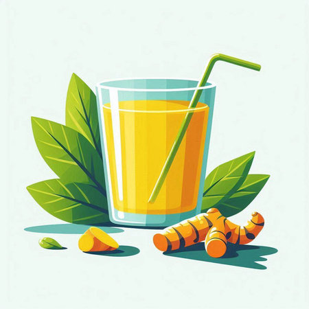 Glass of turmeric smoothie with ginger root and leaves, vector illustrationのイラスト素材