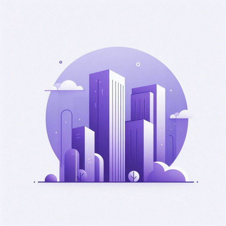 Modern cityscape in flat style. Vector illustration for your design.のイラスト素材