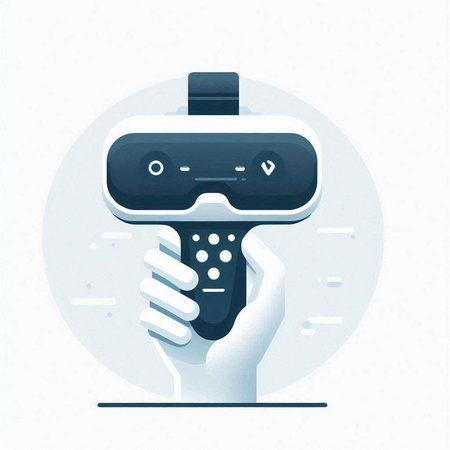 Game controller in hand. Vector illustration in a flat style. Virtual reality.のイラスト素材