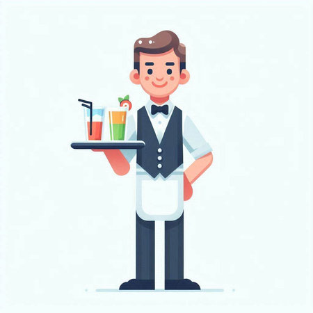 Waiter with a tray of drinks. Vector illustration in cartoon styleのイラスト素材