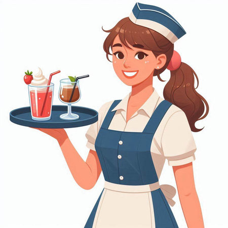 Smiling young waitress holding tray with cocktail and ice cream. Vector illustrationのイラスト素材