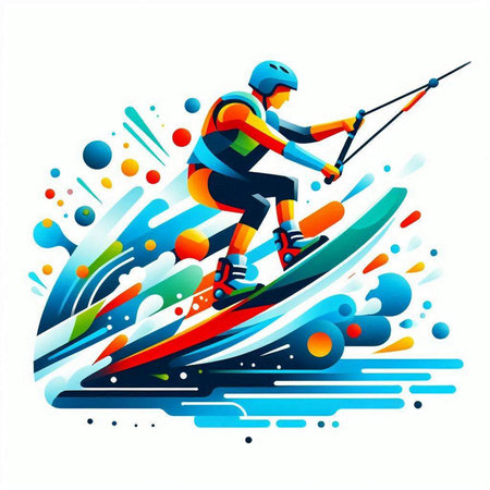 Vector illustration of a man on a water skiing on a colorful backgroundのイラスト素材